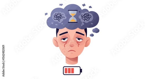 Exhausted young man with low battery: mental fatigue and time pressure concept