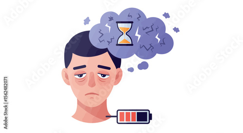 Tired man with low battery and hourglass thought bubble vector illustration for sleep and energy concepts