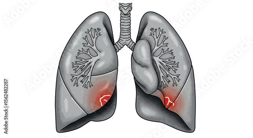 Human lungs with pneumonia infection highlight in grayscale detailed diagram