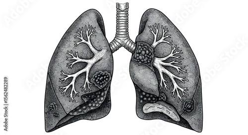 Detailed vector illustration of human lungs with bronchi and alveoli for medical education