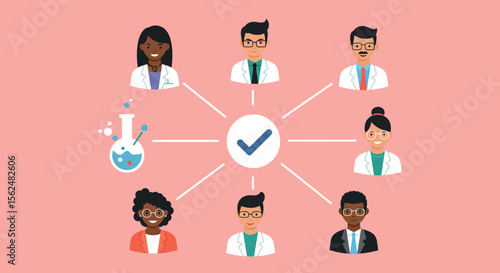 Diverse medical team collaboration concept with network connections on pink background