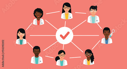 Diverse healthcare team network with connected doctors and medical professionals