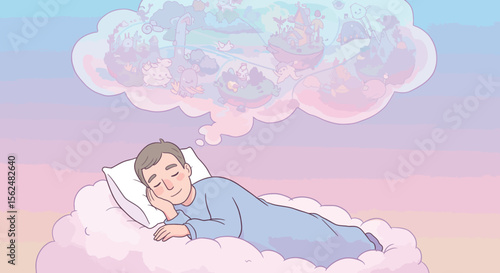 Man dreaming of fantasy worlds on a cloud with imaginative characters and scenes