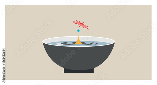 Minimalist vector illustration of antibacterial concept with germ and water droplet in bowl for educational design