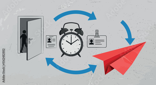 Workflow cycle concept with retro clock and red paper plane on gray background
