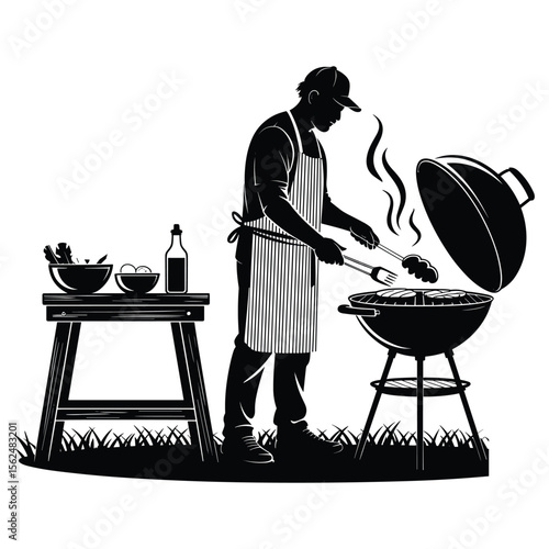 Man in apron grilling food on barbecue with side table silhouette