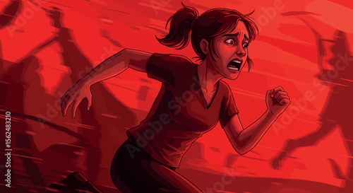 Dramatic escape scene in intense red atmosphere vector illustration