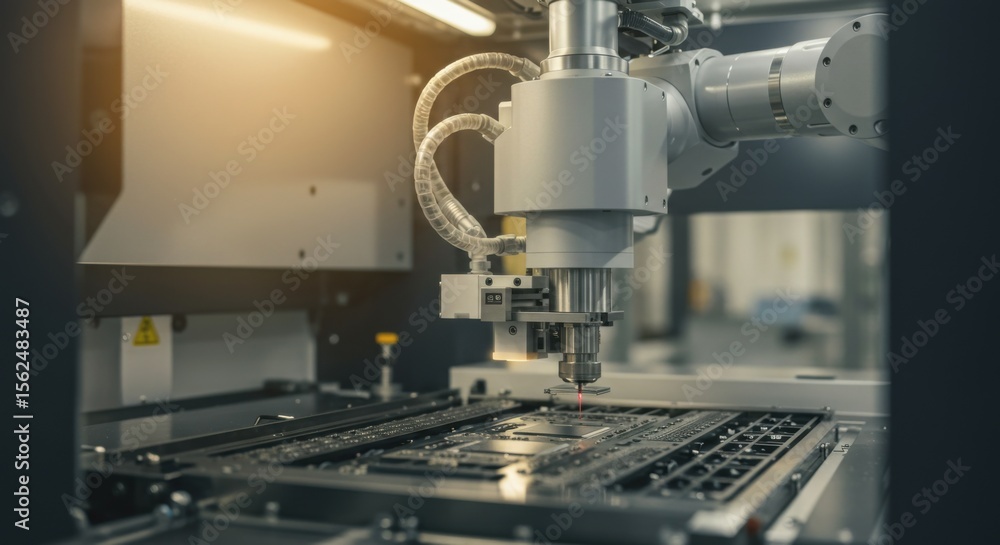 Robotic arm working on a circuit board, high-tech manufacturing process. Industrial automation for precise electronic assembly. Robotic arm working on a circuit board, high-tech manufacturing process. Industrial automation for precise electronic assembly.