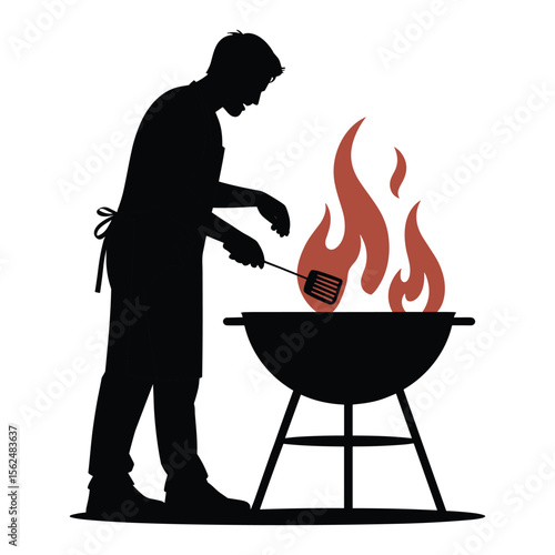 Man wearing apron grilling food on barbecue with flames silhouette