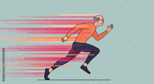 Elderly man running at high speed in dynamic motion lines
