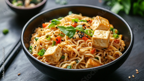 Soba noodles with vegetables and fried tofu in a bowl Close up Grey background : Generative AI