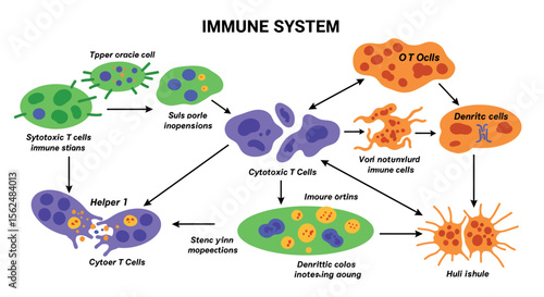 Immune system diagram with labeled cells and processes in flat style
