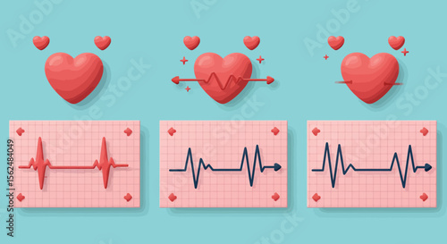 Heartbeat love: cute heart designs with ekg graph and romantic elements on blue background