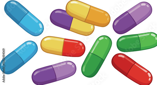 Colorful capsule medications on white background in flat style