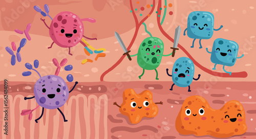 Cute microbe battle: cartoon cells and bacteria in a fun microscopic world