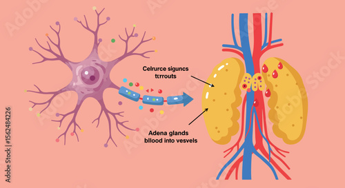 Human nervous system and adrenal glands diagram with labels on pink background