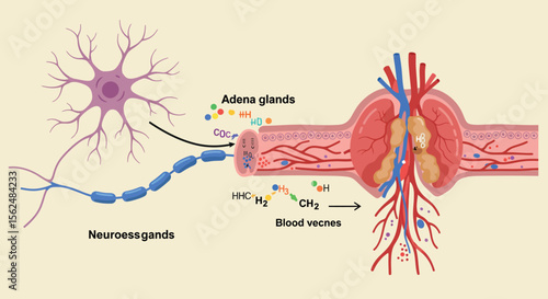 Anatomical diagram of neuron synapse and neurons with blood vessels in detailed style