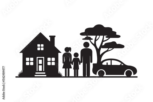 Family home car and tree silhouette representing lifestyle and assets