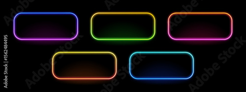 Collection of five colorful neon frame vector. Bright glowing rectangle border on black background for design element presentation.