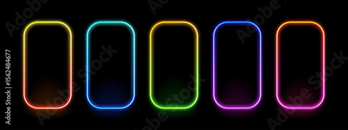Set of five colorful neon gradient rounded rectangle frames glowing on dark background. Vibrant light border for sign display.