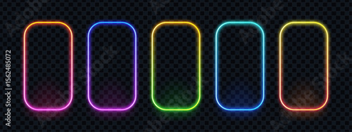 A set of five vertical neon frames in various colors. Colorful bright glowing border banners for design elements.