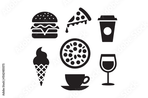 Collection of popular fast food and drink icons in a circular arrangement