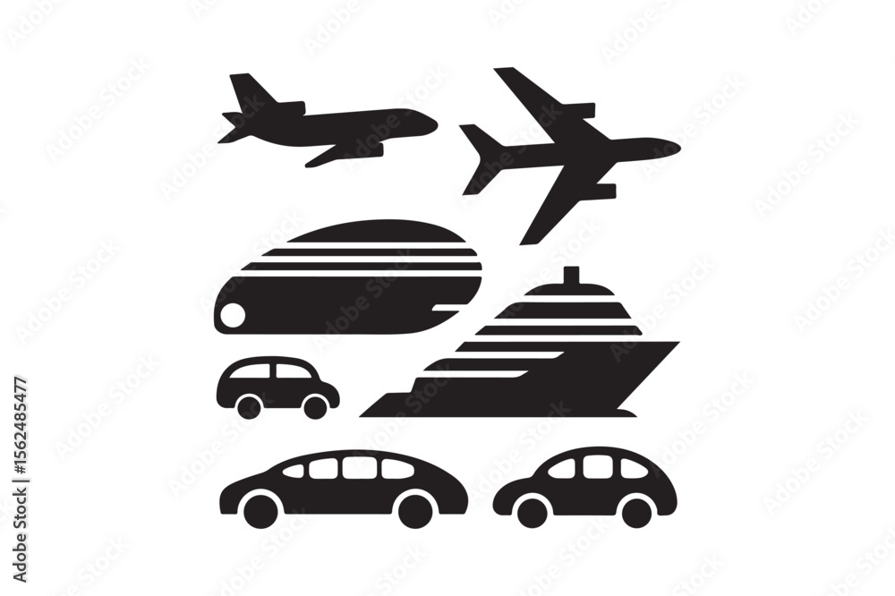 Collection of black silhouette icons representing various modes of transportation Collection of black silhouette icons representing various modes of transportation