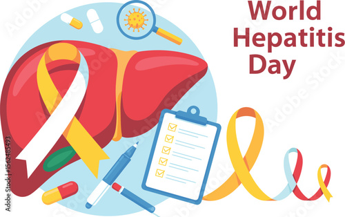 Illustration depicting world hepatitis day with liver, ribbons, checklist, and medication