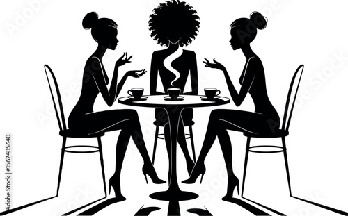 Three women silhouettes sitting at a round table with coffee cups and rising steam in black and white