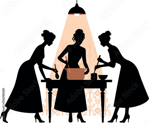 Three women silhouettes cooking together around a table under a hanging light fixture