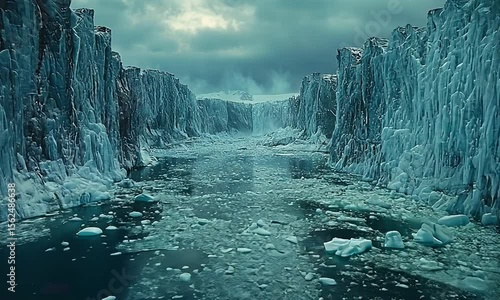 An icy landscape featuring towering glacial walls flanking a frigid, ice-filled waterway.