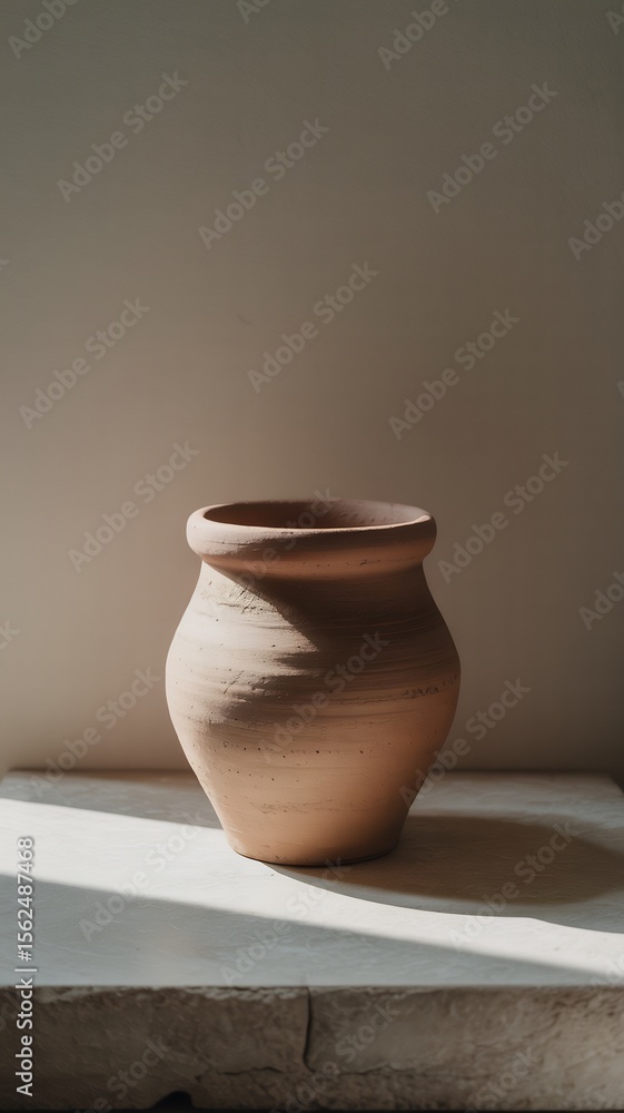 Terracotta pot photography: rustic pottery vase on table in natural light still life image stock photo Terracotta pot photography: rustic pottery vase on table in natural light still life image stock photo