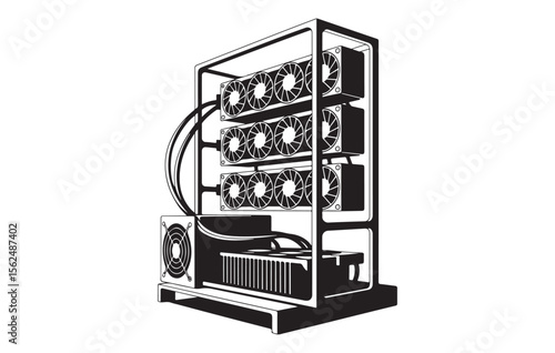 Black and White Illustration of a Cryptocurrency Mining Rig with Multiple G P Us and Cooling Fans