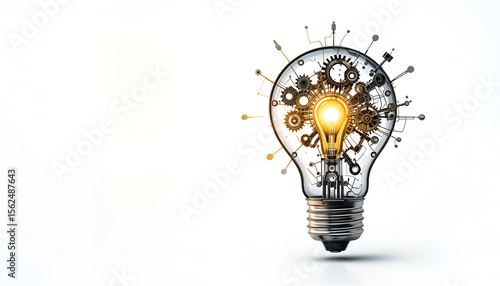 An illuminating lightbulb showcases mechanical gears and parts, symbolizing innovation, inventive thinking, and problem solving on a clean white backdrop.