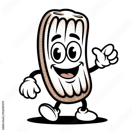 Cartoon character representation of a friendly churro dessert figure in a cheerful pose