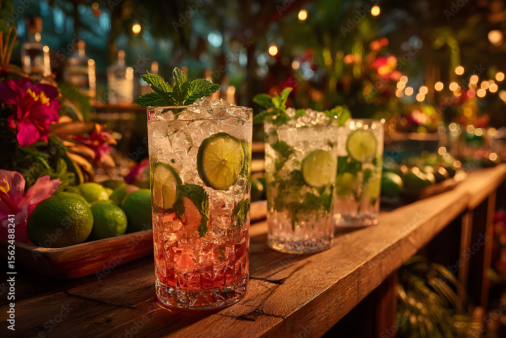 Fototapeta premium Tropical themed cocktail event featuring refreshing summer drinks with gin tequila vodka lime mint and ice ample blank space
