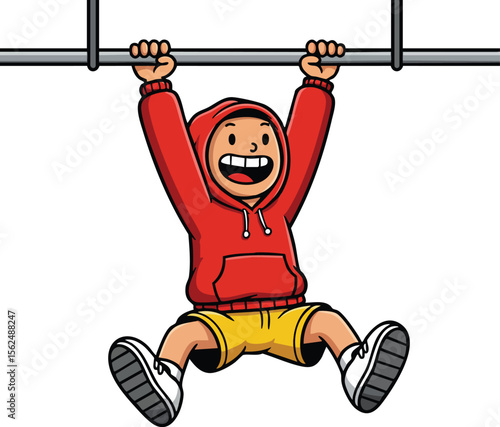 Boy hanging on horizontal bar wearing red hoodie and yellow shorts smiling happily outdoor activity