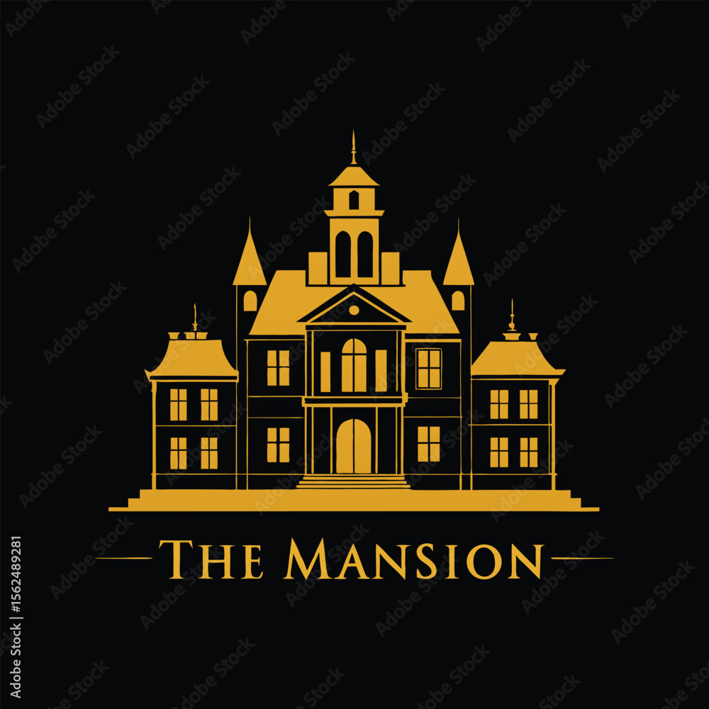 Fototapeta premium Elegant Luxurious Mansion Silhouette with Golden Rooftop and Classic Serif Font for Real Estate and Premium Branding Design