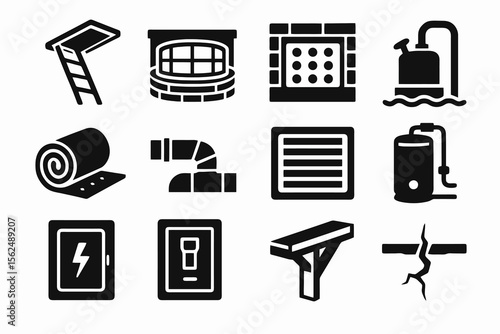 Black set of 12 service icons. Minimal vector for home repair and inspection.