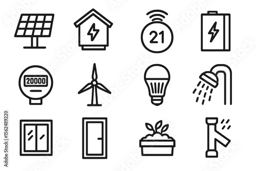 Black set of 12 green icons. Minimal vector for efficiency and modern living.