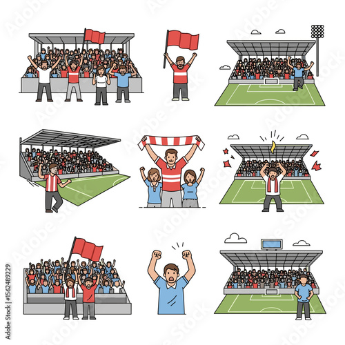 Cheering Crowd Illustrations: Fans in Stadiums, Celebrating with Flags and Scarves