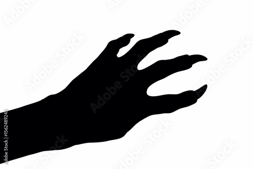 Silhouette of a hand with long sharp claws reaching out against a white background in a spooky style created with generated ai