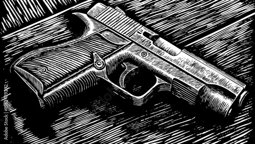 Detailed black and white sketch of a handgun resting on a dark surface with linear shading effects created with generated ai
