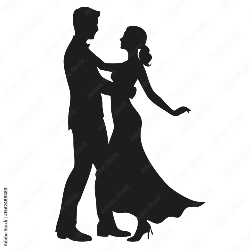 Silhouette of a couple dancing together in formal wear with the woman in a flowing dress and heels created with generated ai Silhouette of a couple dancing together in formal wear with the woman in a flowing dress and heels created with generated ai