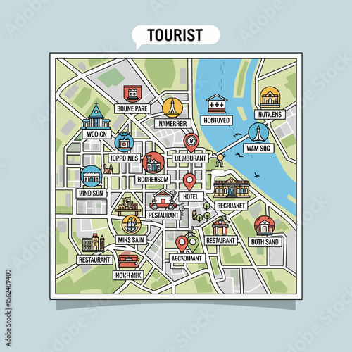 Colorful Tourist Map of a City with Various Landmarks and Points of Interest