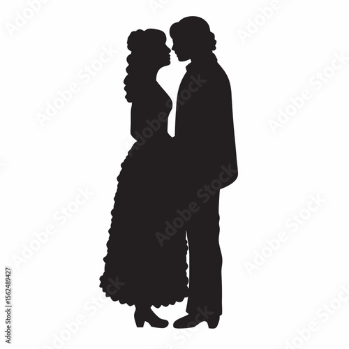 Silhouette of a victorian couple facing each other with the woman in a dress and the man in a suit created with generated ai