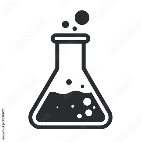 Black laboratory flask with bubbles on white background, chemical experiment tool, science concept