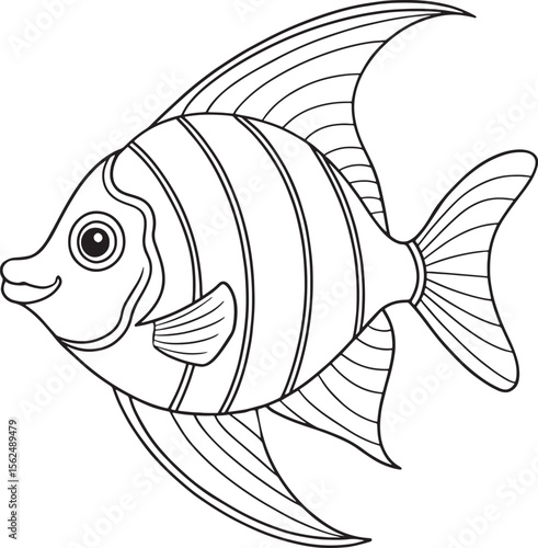 Tropical angelfish line art with bold striped design ideal for coloring pages and creative projects