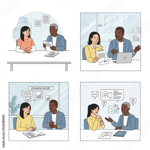 Diverse Business Colleagues Collaborating on Reports and Data Analysis