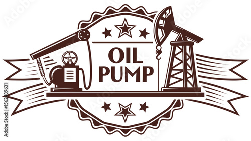 Illustration of an oil pump jack and associated machinery in a decorative badge with banner elements created with generated ai